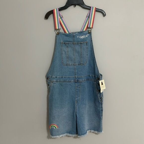 Take Pride Rainbow QUEEN Denim Bib Short Overall's Sz. Large NEW - Picture 1 of 6